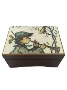 Vintage Reuge Swiss Music Box Boy Playing Horn for Bird Wood Footed Hinged